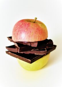 apple, cut open, apple halves, chocolate, fruit, food, nourishment, health, meal, vitamins, diet