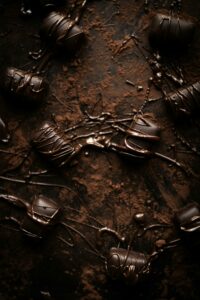 Rich and luxurious dark chocolate pralines artistically scattered with cocoa powder for a gourmet dessert display.